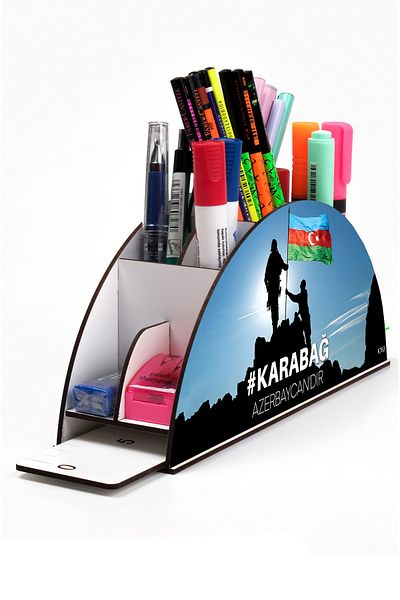 kutuTR Wooden VİP Türkiye-Azerbaycan Series Rainbow Ruled Desktop Pen Holder Organizer with Assembled Box