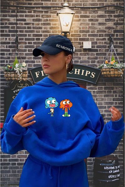 BENROMA Unisex Character Printed Saks Blue Hooded Sweat