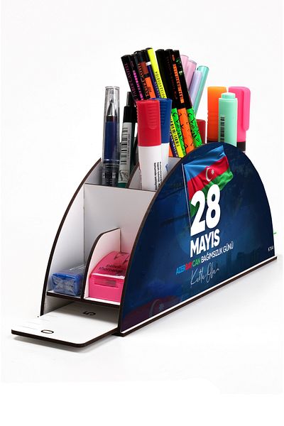 kutuTR Wooden VİP Türkiye-Azerbaycan Series Rainbow Ruled Desktop Pen Holder Organizer with Assembled Box