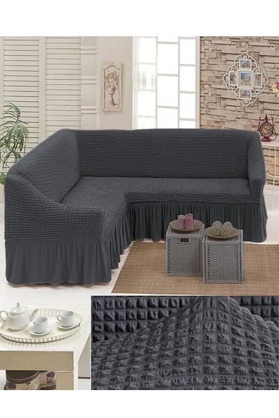 FurkanTicaret 1 Piece Flexible and Elastic L Corner Sofa Cover - Wrapped Fabric and Skirt