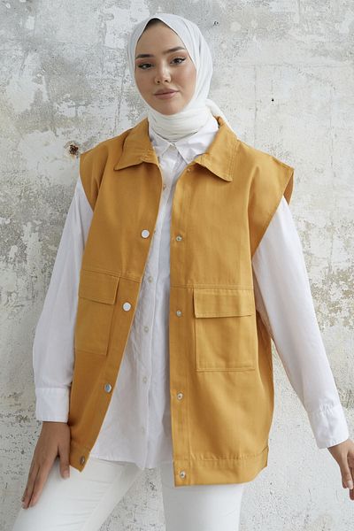 InStyle Gabardine Vest with Flap Pocket - Mustard