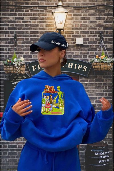 BENROMA Unisex Alien Cartoon Printed Saks Color Hooded Sweat