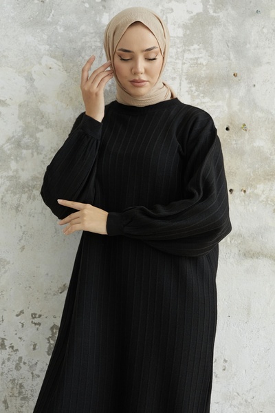 InStyle Elois Balloon Sleeve Ribbed Knitwear Dress - Black