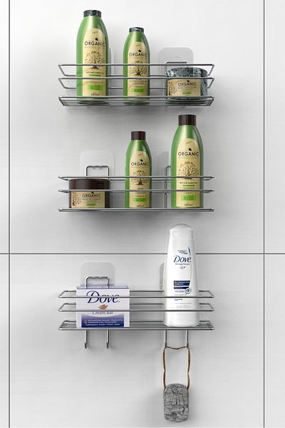 KARTEYA Set of 3 Adhesive 4 Hooks Stainless Bathroom Shelf Silver Bathroom Shampoo Holder Shower Cabin Shower Hanger