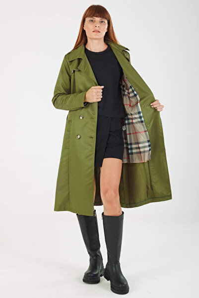STİLPİX Kadın Haki Kemerli Desenli Astar Trençkot | Women's Khaki Belted Patterned Lining Trench Coat