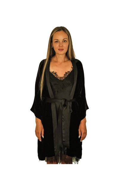 ICON SILK Silk/velvet Kimono Dressing Gown (BLACK)