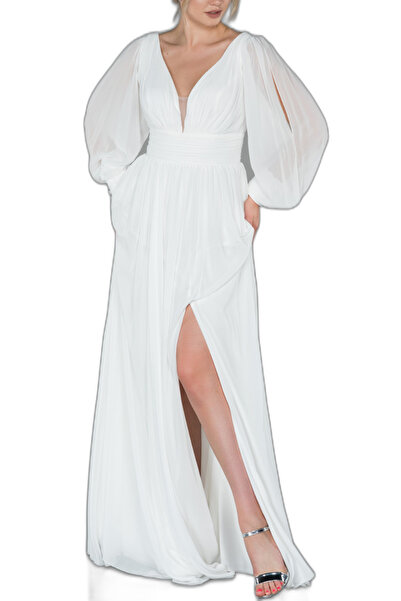 Arden Long Chiffon Evening Dress, Fashionable Wedding Evening Dress, Front-back V-neck, Long Sleeve, Slit A-line Skirt, 36-44