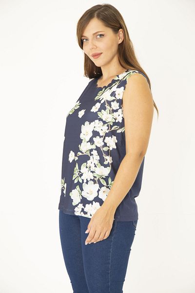 Şans Women's Large Size Navy Blue Collar and Cuff Laser Cut Blouse 65N36946