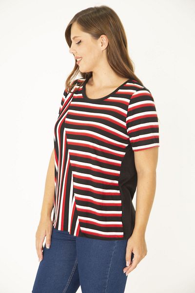 Şans Women's Large Size Black Crew Neck Stripe Combination Blouse 65N36935