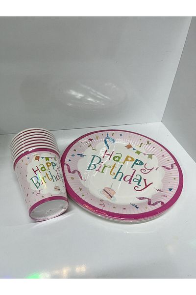 kidspartim Happy Birthday Cardboard Plate Cup Pink 8 pcs