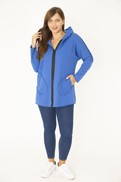 Şans Women's Large Size Jacket Front Zipper and Pocket Hooded Cashmere Coat 65N36969