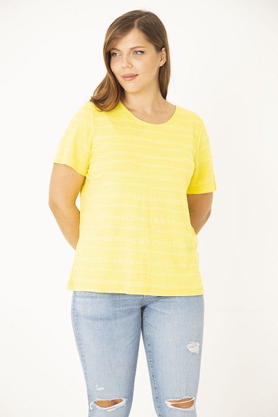 Şans Women's Large Size Yellow Crew Neck Self-Patterned Blouse 65N36933