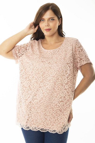 Şans Women's Large Size Salmon Front and Sleeves Lace Inside Viscose Blouse Tunic 65N36956
