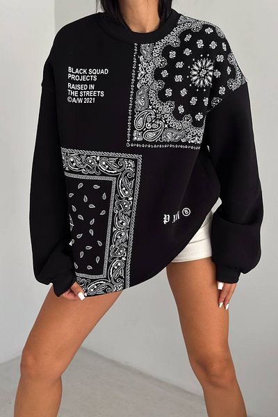 Ortaya Çık Ethnic Patterned Black Sweatshirt - 3 Thread Raster
