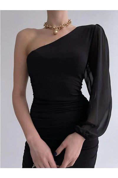 Afiş Butik Μαύρο φόρεμα με έναν ώμο με λεπτομέρειες