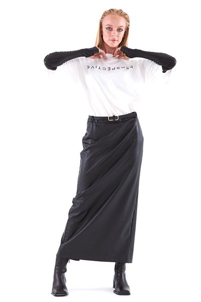 THIMOON Black Belted Slit Long Leather Skirt