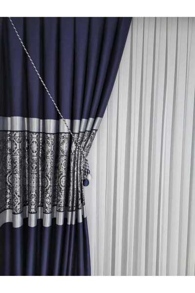 Nish Perde NİSH PERDE Pano Fon Perde Lacivert Gümüş Şeritli İki Kanat Sık Pil...