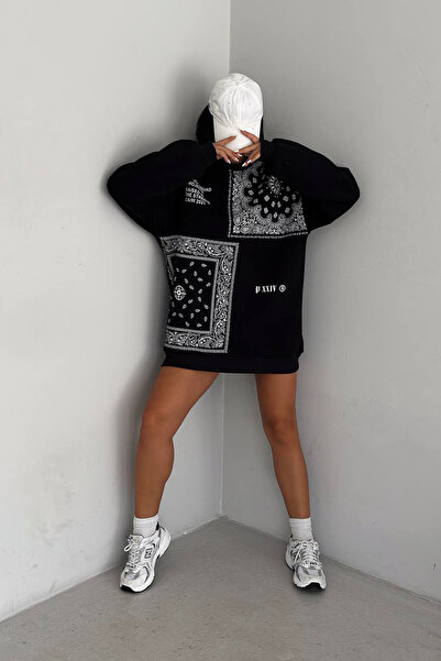 Ortaya Çık Ethnic Patterned Black Sweatshirt - 3 Thread Raster