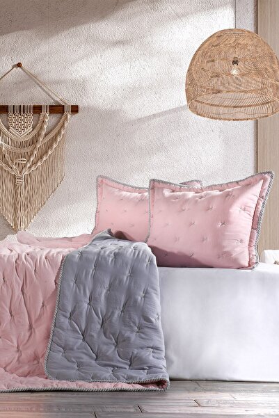 ZEBRACASA Tender Pudra/gri Çift Kişilik Comforter Çift Taraflı Kullanılabilir Yatak Örtüsü Seti