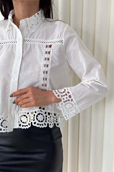 FEMELLE Női fehér csipke guipúra részletes tervezésű pamut ing