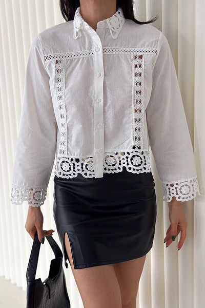 FEMELLE Cămașă de damă din bumbac cu design detaliat din dantelă albă