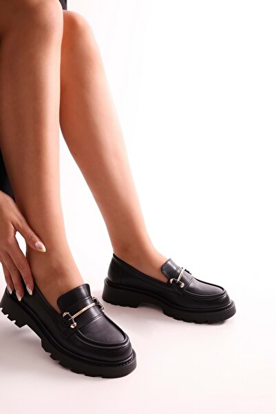 Shoeberry Women's Martha Black Skin Thick Sole Buckle Loafer Black Skin