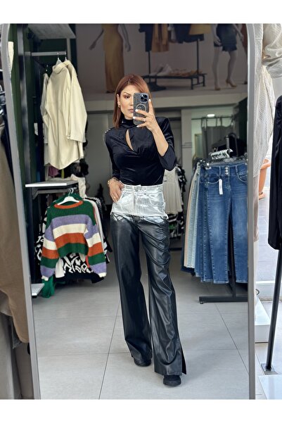 İstanbul Gümüş Geçişli Deri Palazzo Pantolon