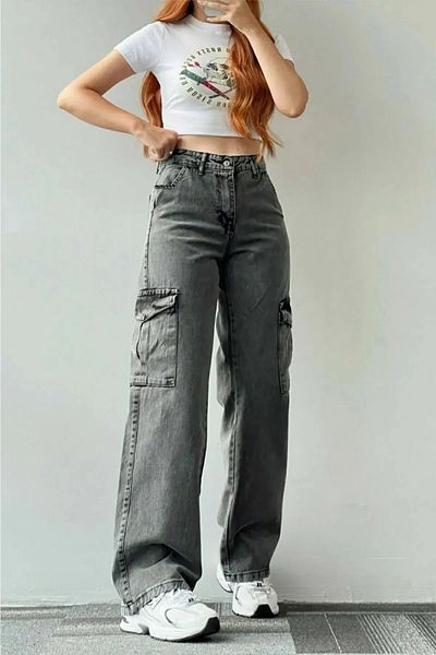 Trn JNS Pantaloni de jean cu talie super înaltă din lycra, largi, fără buzunar la spate, Iza