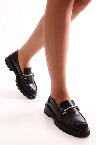 Shoeberry Women's Martha Black Skin Thick Sole Buckle Loafer Black Skin