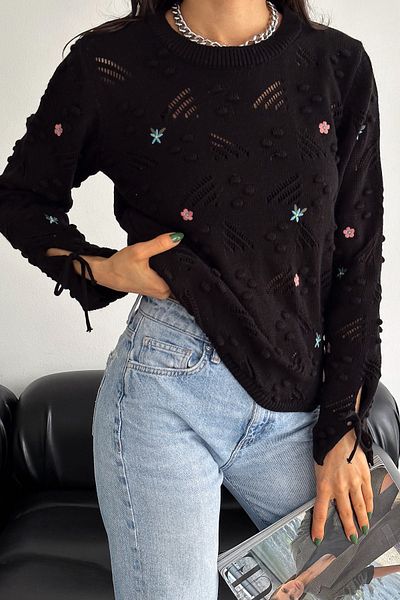 FEMELLE Pulover negru pentru femei, mărime standard, cu broderie la gleznă, tricotaj (compatibil cu mărimea S și M)