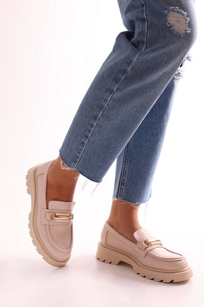 Shoeberry Women's Choc Beige Skin Thick Sole Buckle Loafer Beige Skin