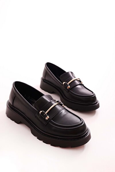 Shoeberry Women's Martha Black Skin Thick Sole Buckle Loafer Black Skin