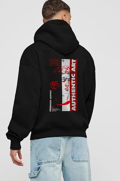 Ankhises Hanorac negru oversize cu glugă, cu imprimeu pe spate, cu artă autentică, bărbați, femei