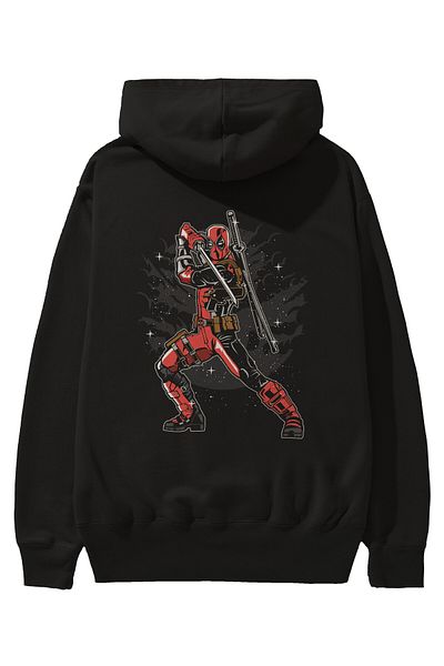 Ankhises Hanorac negru oversize cu glugă cu imprimeu pe spate Deadpool Bărbați Femei