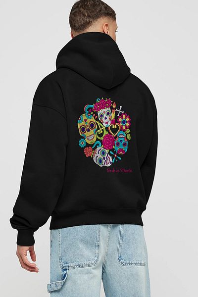 Ankhises Dia de los Muertos Hanorac negru oversize cu glugă cu imprimeu pe spate Bărbați Femei