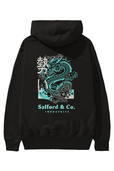 Ankhises Hanorac negru oversize cu glugă cu imprimeu pe spate Dragon Bărbați Femei