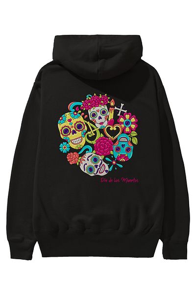 Ankhises Dia de los Muertos Hanorac negru oversize cu glugă cu imprimeu pe spate Bărbați Femei