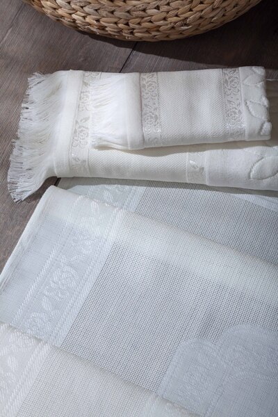 sarra Набір з 3-х килимків з бахромою з ажурної тканини - кремовий