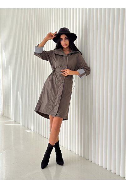 diaves Kadın Haki Kapüşonlu Astarlı Trençkot Yanlardan Büzgülü Katlanabilir Kol
