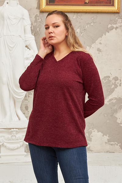 RMG Hscstore Women's V-Neck Large Size Burgundy Knitted Sweater - O6264