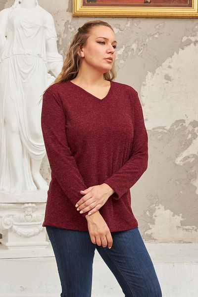 RMG Hscstore Women's V-Neck Large Size Burgundy Knitted Sweater - O6264