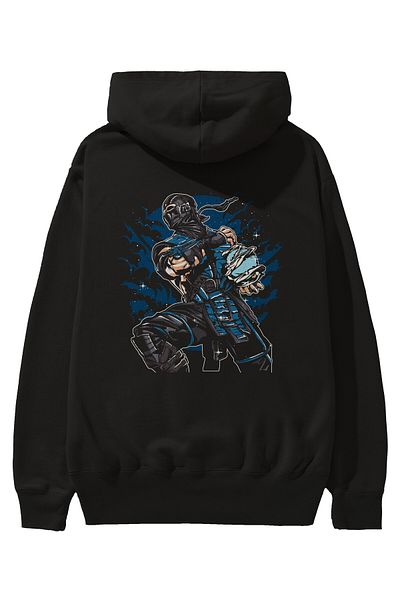 Ankhises Hanorac negru oversize cu glugă cu imprimeu Sub Zero Back Bărbați Femei