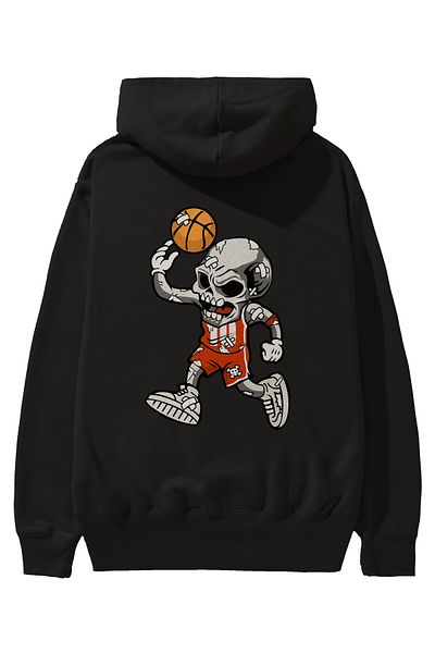Ankhises Hanorac negru cu glugă cu imprimeu oversize Skull Basketsit Back - Bărbați Femei