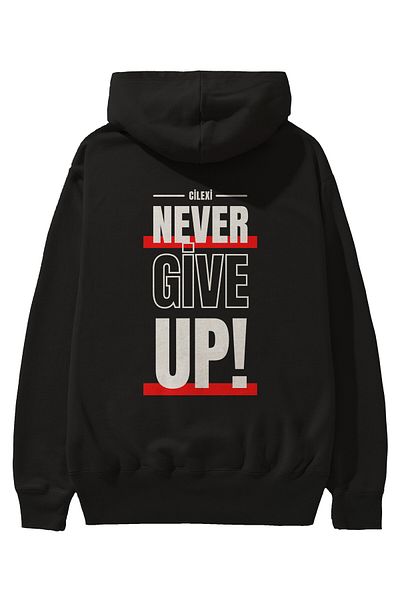 Ankhises Never Give Up Written 2 Hanorac negru oversize cu glugă cu imprimeu pe spate Bărbați Femei