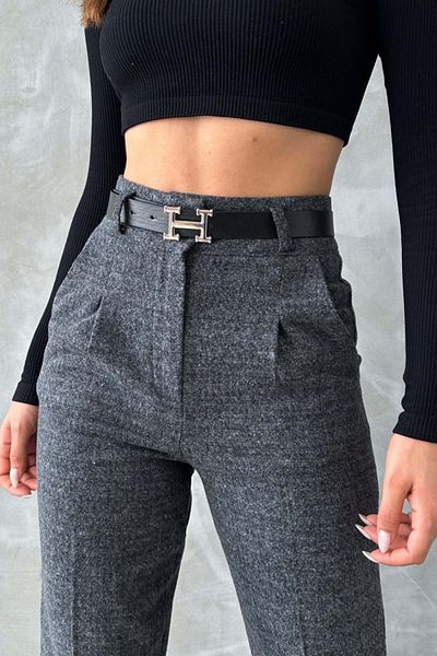 Laluvia Anthracite Belted Wool Effect Trousers