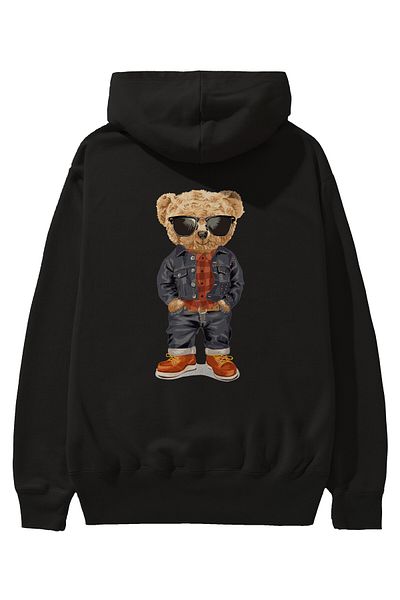 Ankhises Hanorac negru oversize cu glugă cu imprimeu în spate stil ursuleț Bărbați Femei