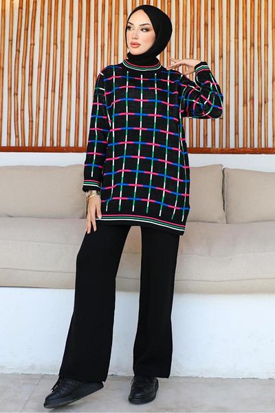 benguen 23002 Square Patterned Double Suit Black