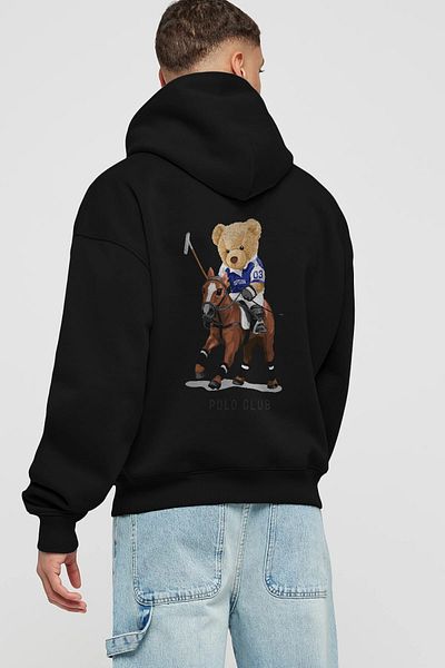Ankhises Teddy Bear Polo Club Spate Imprimat Negru Oversize Glugă Hanorac Bărbați Femei
