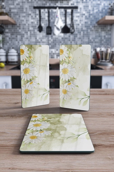 Decovetro Cam Sunum Servis Tabağı 3'lü Dikdörtgen Set Suluboya Papatya Deseni