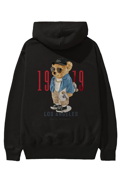 Ankhises Teddy Bear Los Angeles Imprimat pe spate Hanorac negru supradimensionat cu glugă Bărbați Femei